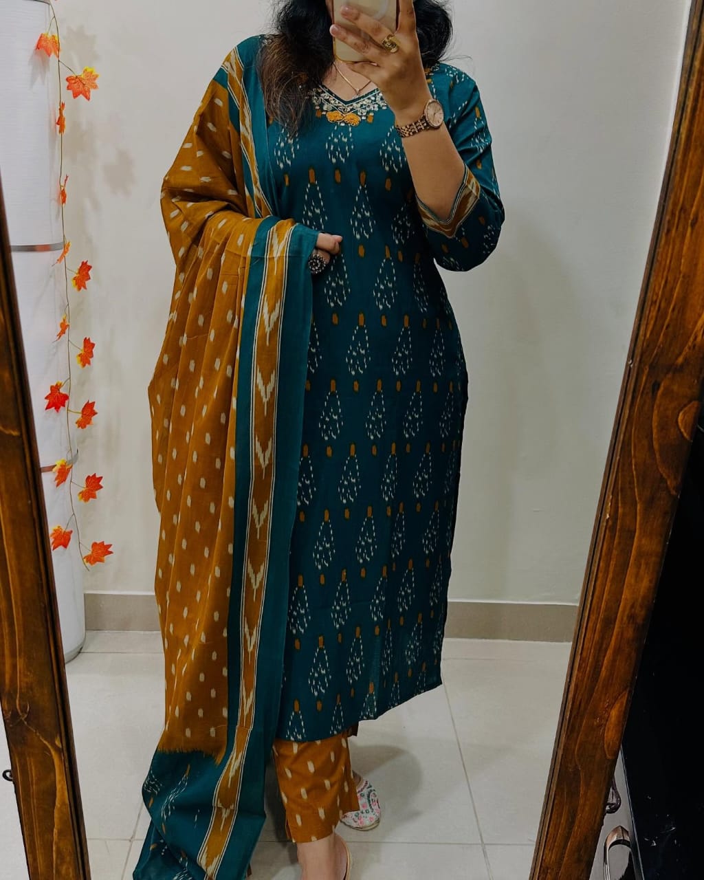 Teal & Mustard Printed Kurta Set with Dupatta for Women