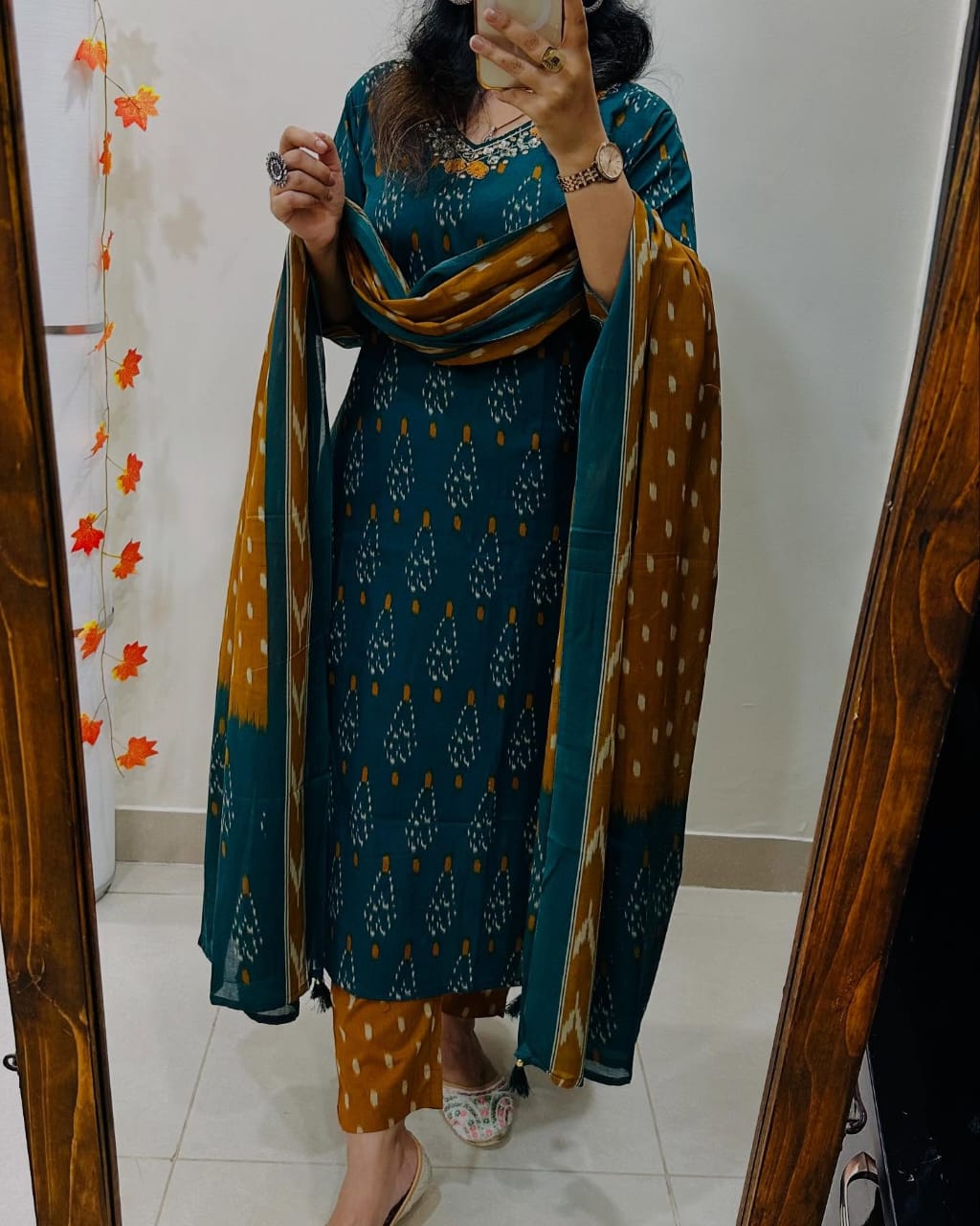 Teal & Mustard Printed Kurta Set with Dupatta for Women
