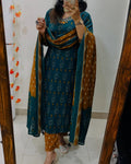 Teal & Mustard Printed Kurta Set with Dupatta for Women