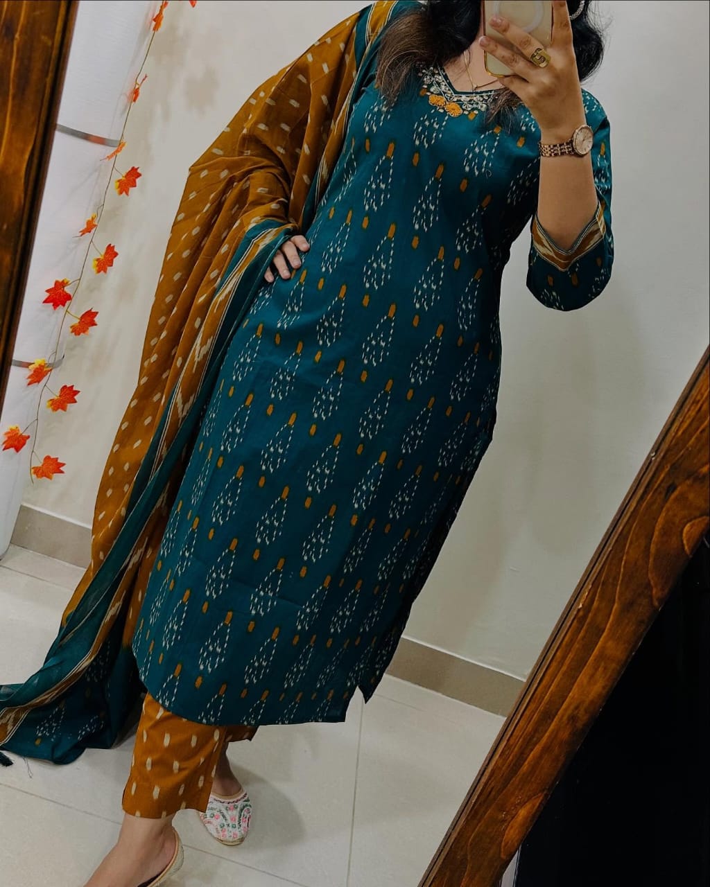 Teal & Mustard Printed Kurta Set with Dupatta for Women