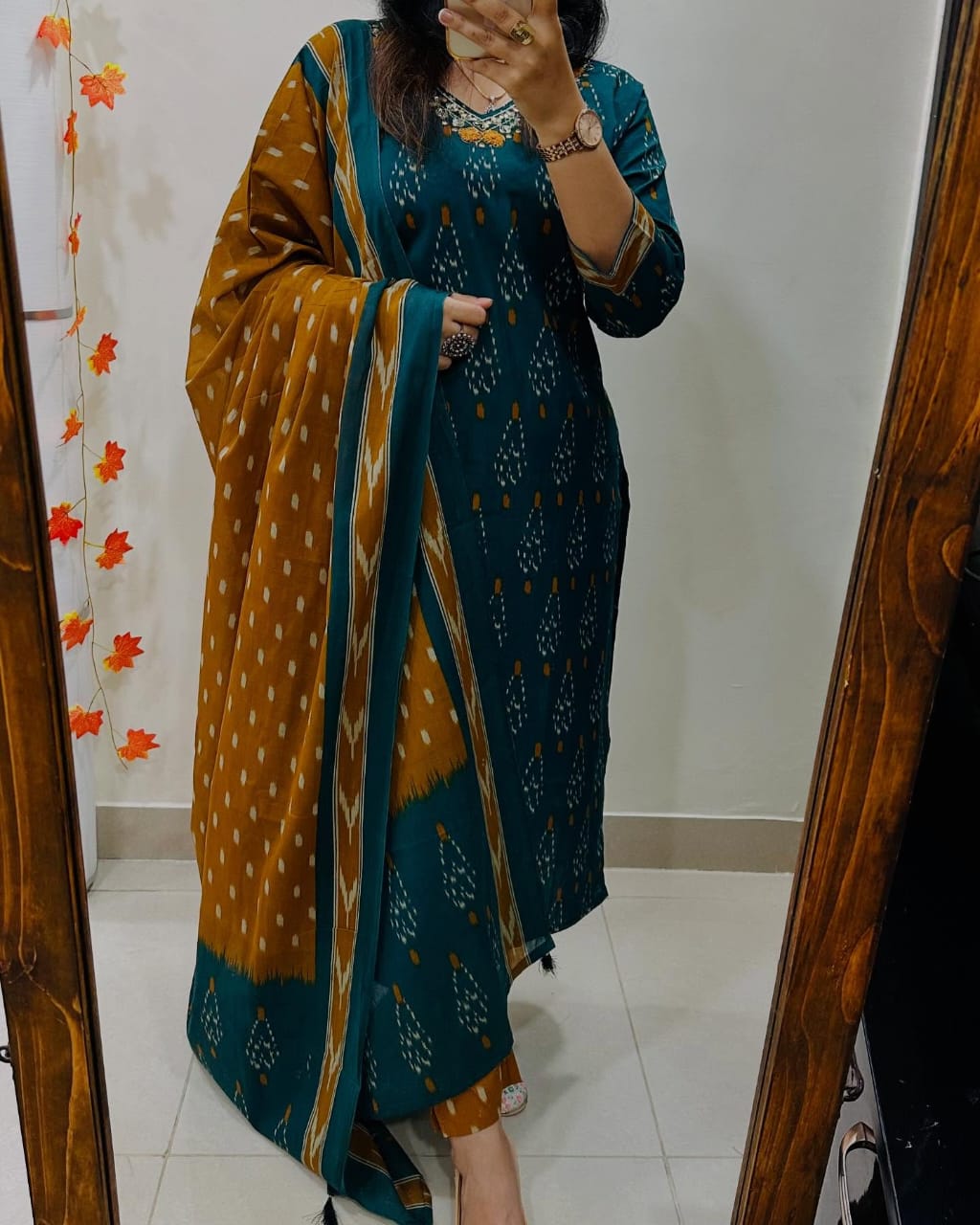 Teal & Mustard Printed Kurta Set with Dupatta for Women