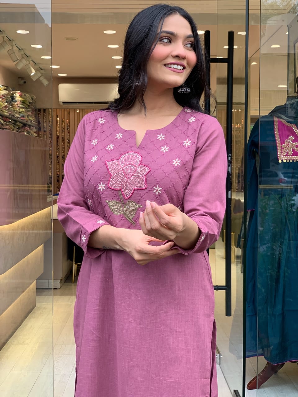 Elegant Mulmul Mauve Cotton Kurta Set with Dupatta for Women