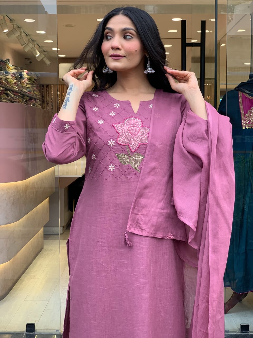 Elegant Mulmul Mauve Cotton Kurta Set with Dupatta for Women