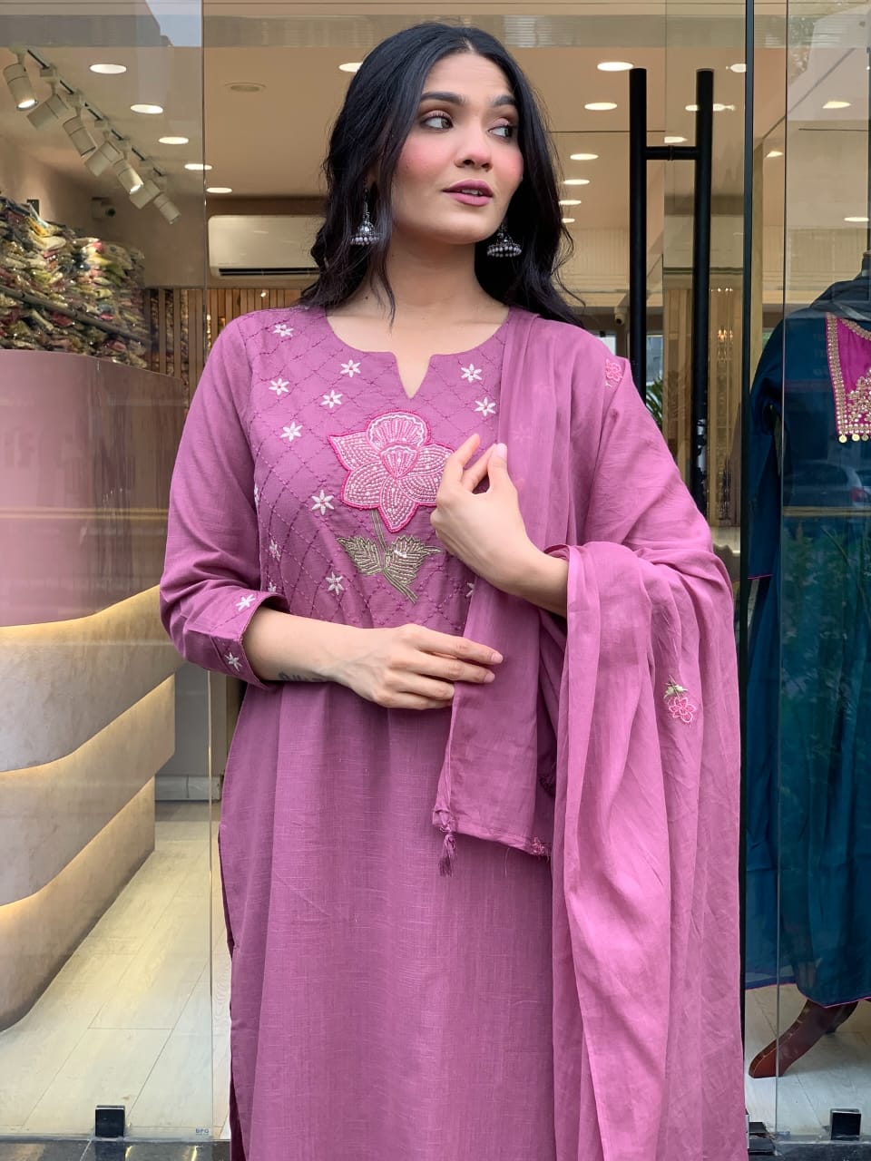 Elegant Mulmul Mauve Cotton Kurta Set with Dupatta for Women