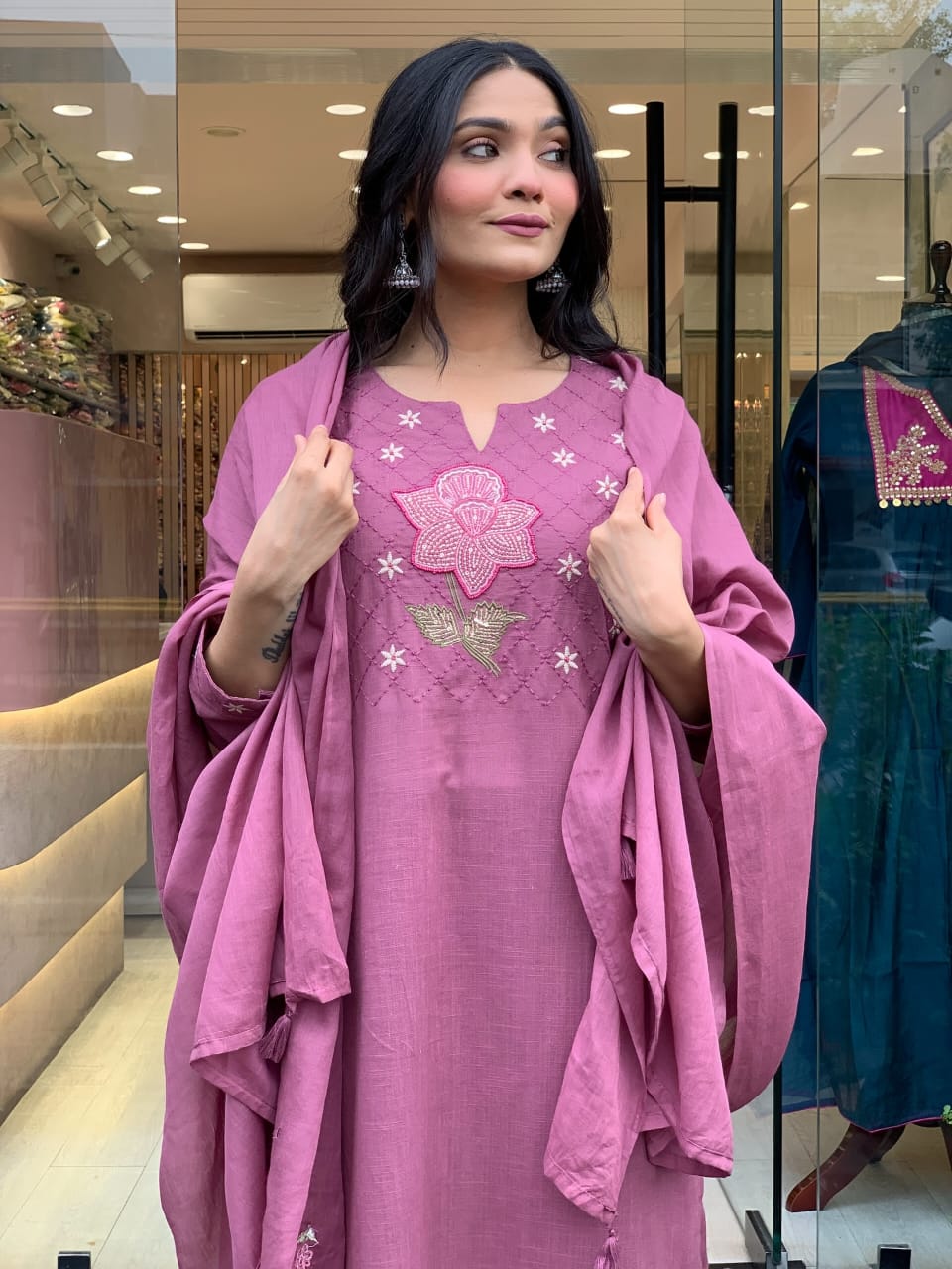 Elegant Mulmul Mauve Cotton Kurta Set with Dupatta for Women