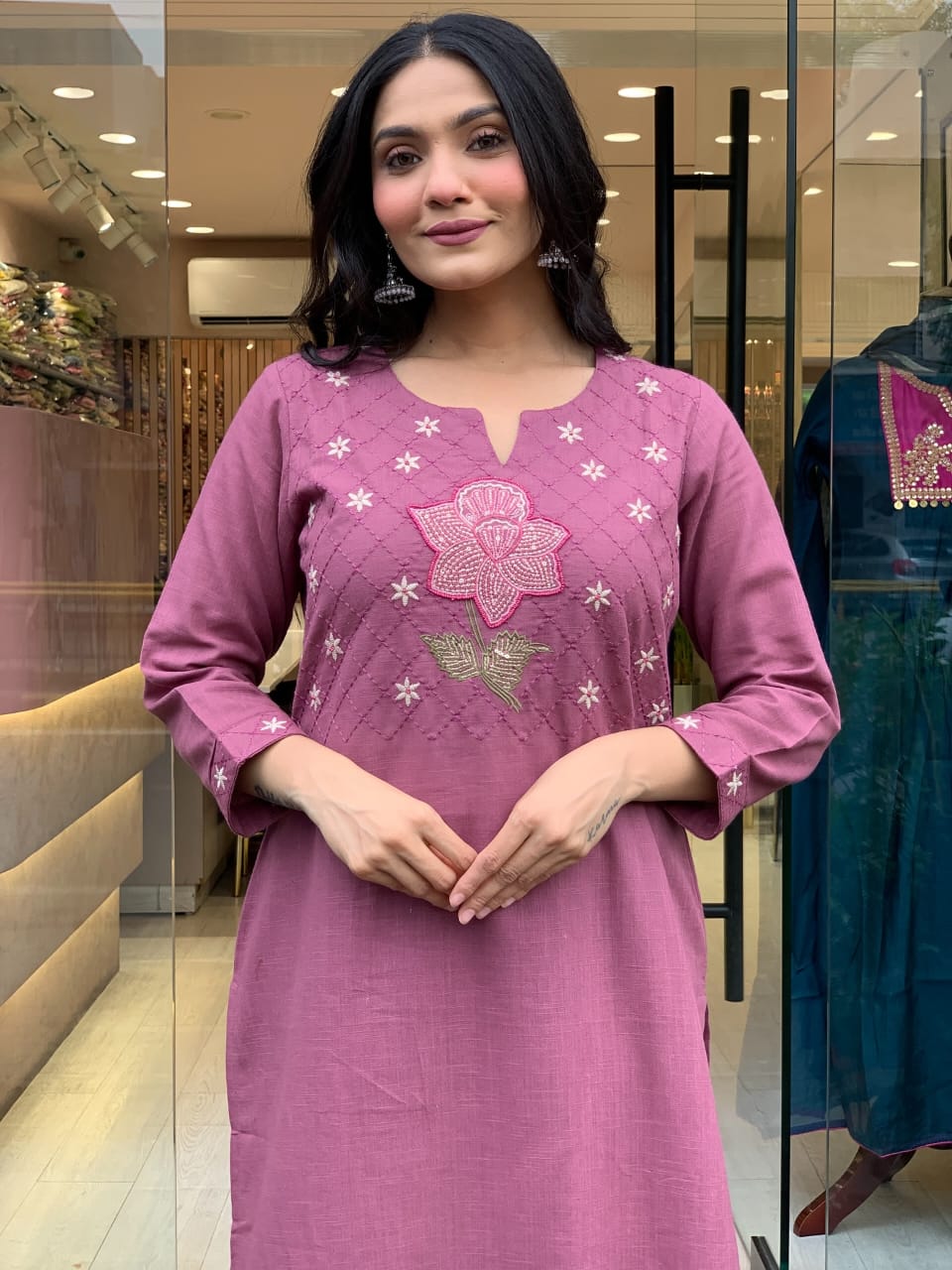 Elegant Mulmul Mauve Cotton Kurta Set with Dupatta for Women