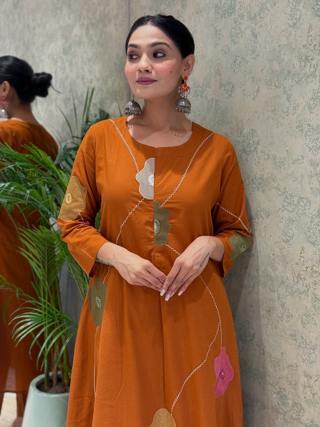 Rust Cotton Floral Embroidered Kurti Set for Womens