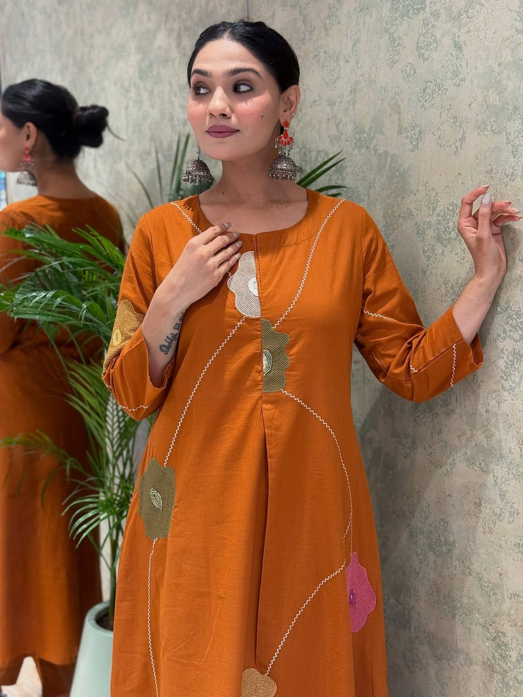 Rust Cotton Floral Embroidered Kurti Set for Womens