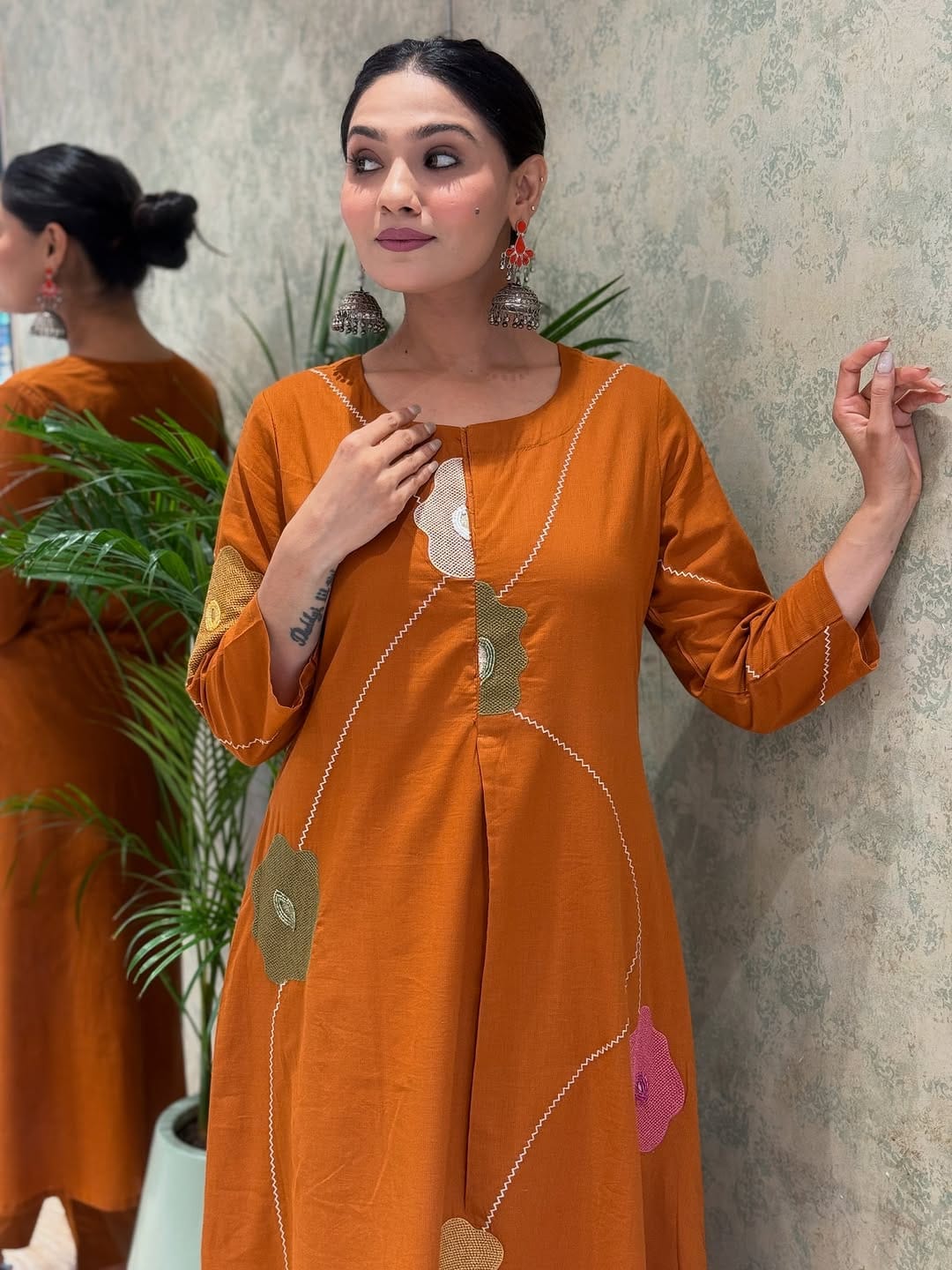 Rust Cotton Floral Embroidered Kurti Set for Womens