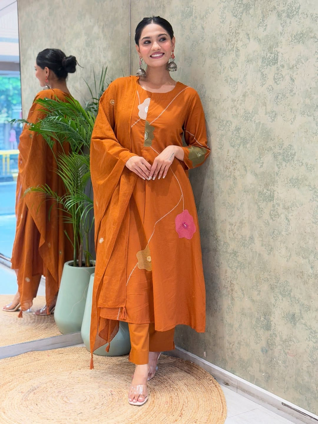 Rust Cotton Floral Embroidered Kurti Set for Womens