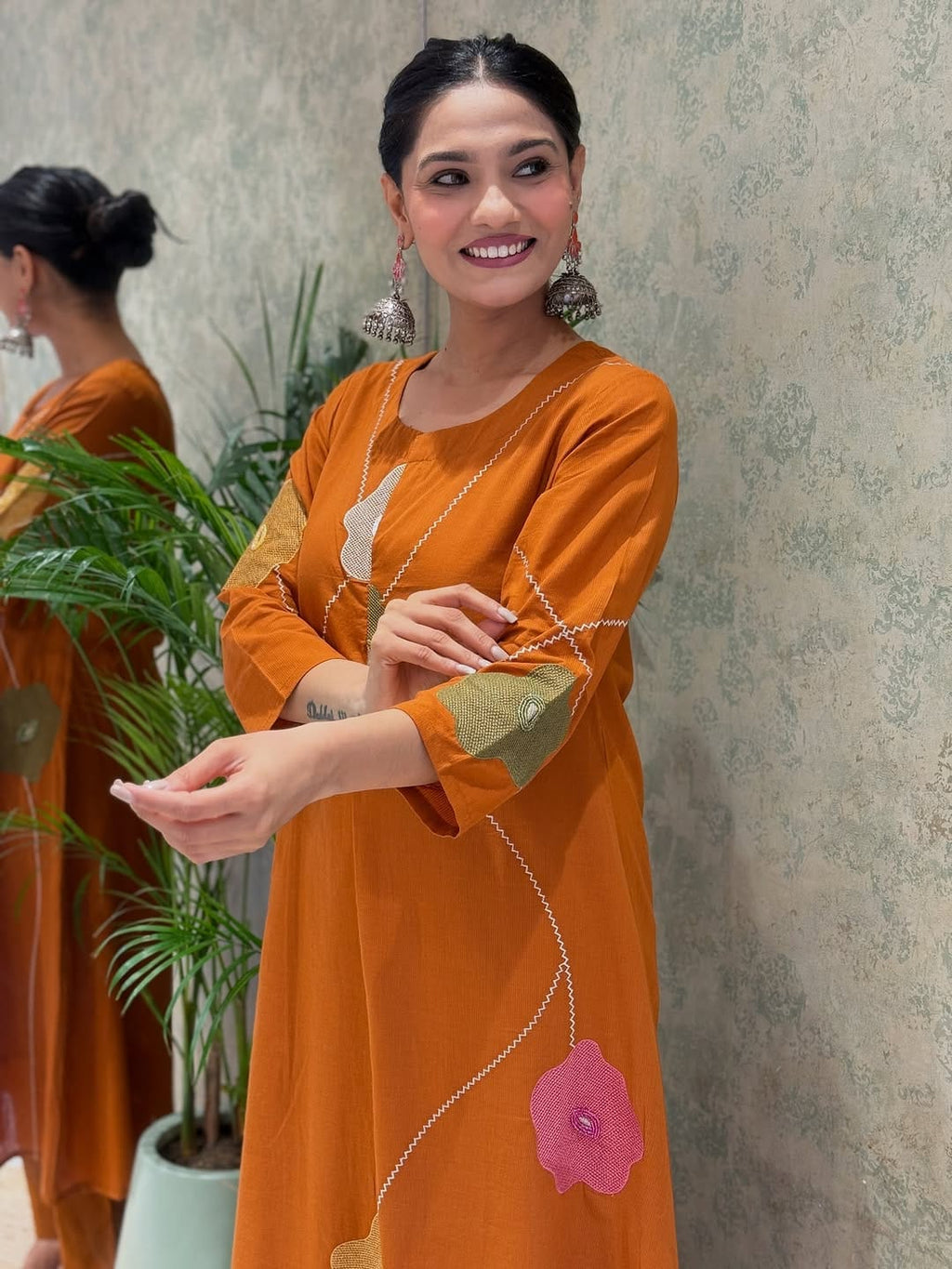 Rust Cotton Floral Embroidered Kurti Set for Womens
