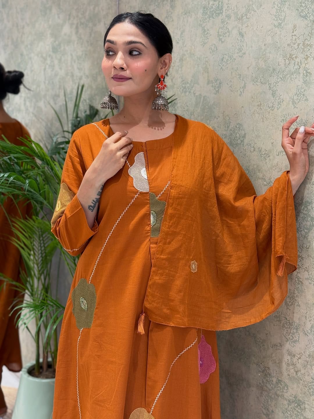 Rust Cotton Floral Embroidered Kurti Set for Womens