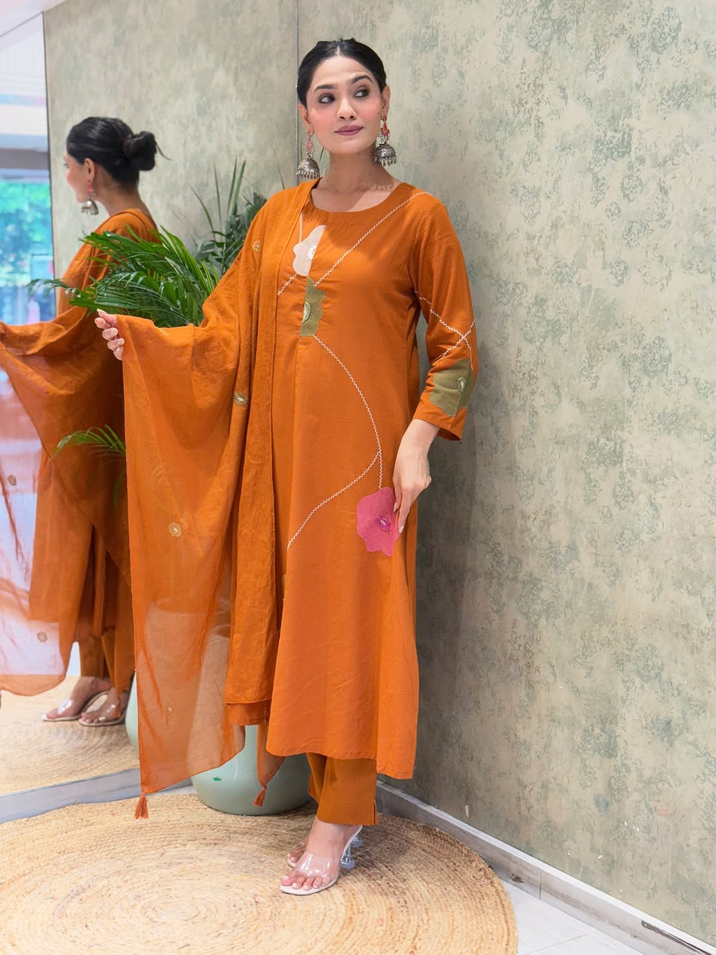 Rust Cotton Floral Embroidered Kurti Set for Womens