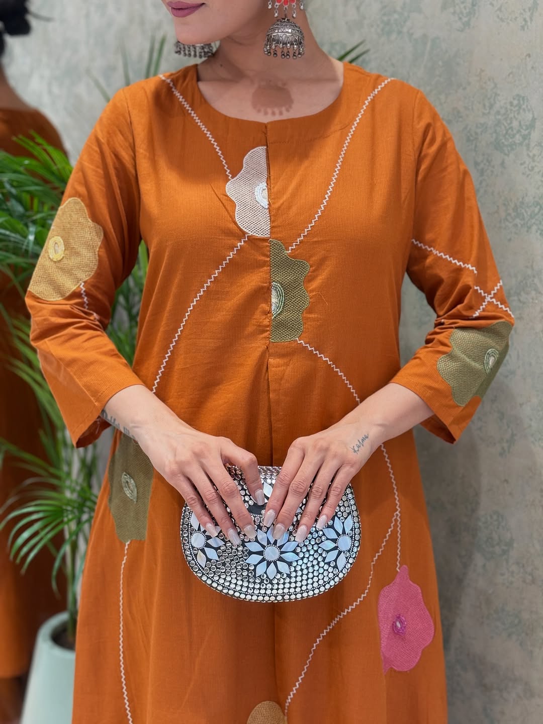 Rust Cotton Floral Embroidered Kurti Set for Womens