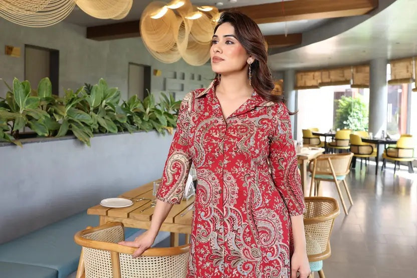 Red Printed Cotton Kurta Pant Set for Women