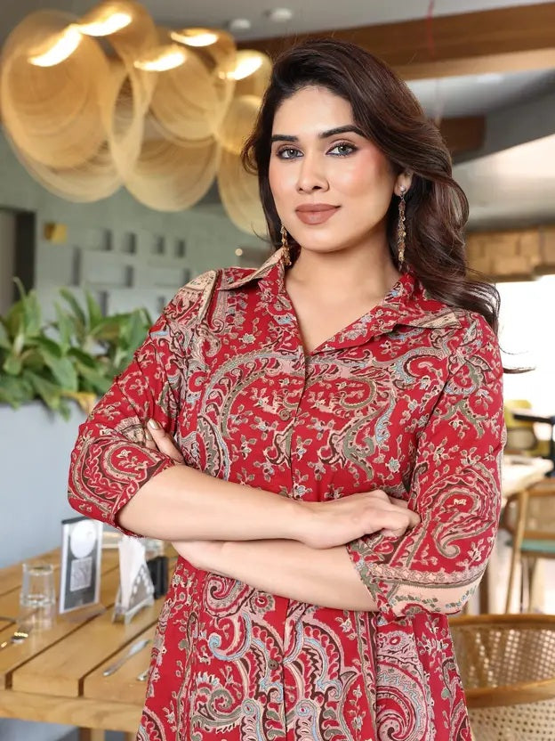 Red Printed Cotton Kurta Pant Set for Women