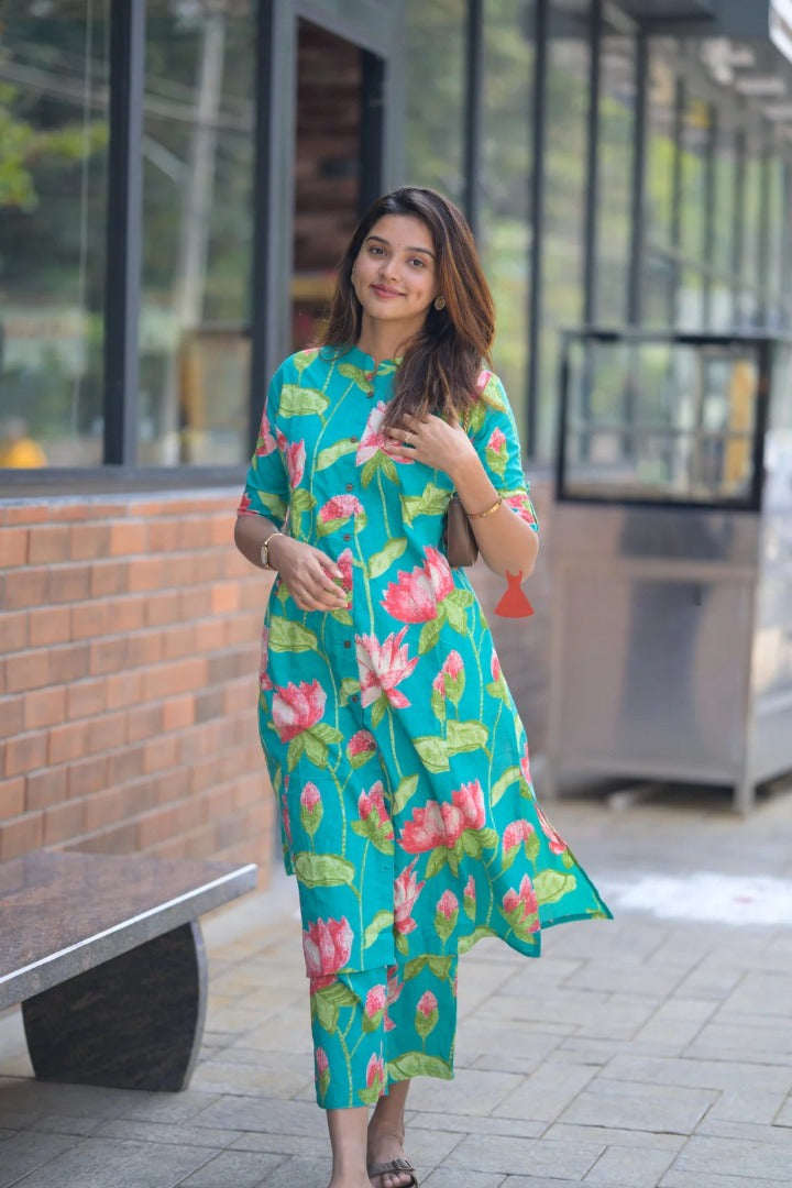 Green Floral Printed Magic Cotton Kurti Pant Set For Women