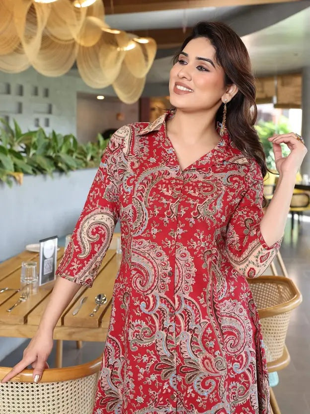 Red Printed Cotton Kurta Pant Set for Women