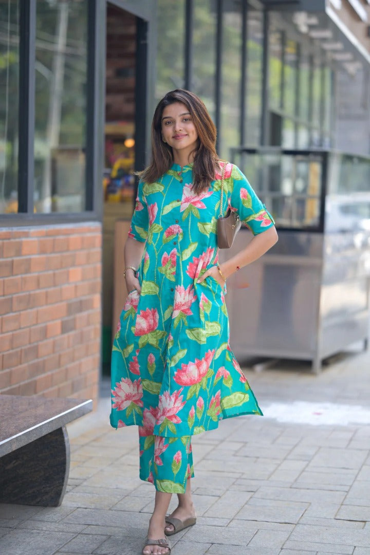 Green Floral Printed Magic Cotton Kurti Pant Set For Women