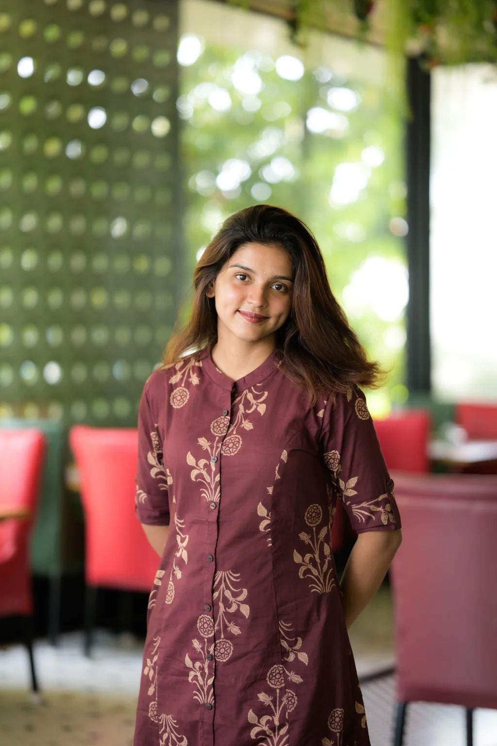 Burgundy Cotton Floral Kurta and Pant Set for Women