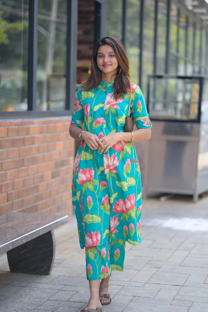 Green Floral Printed Magic Cotton Kurti Pant Set For Women