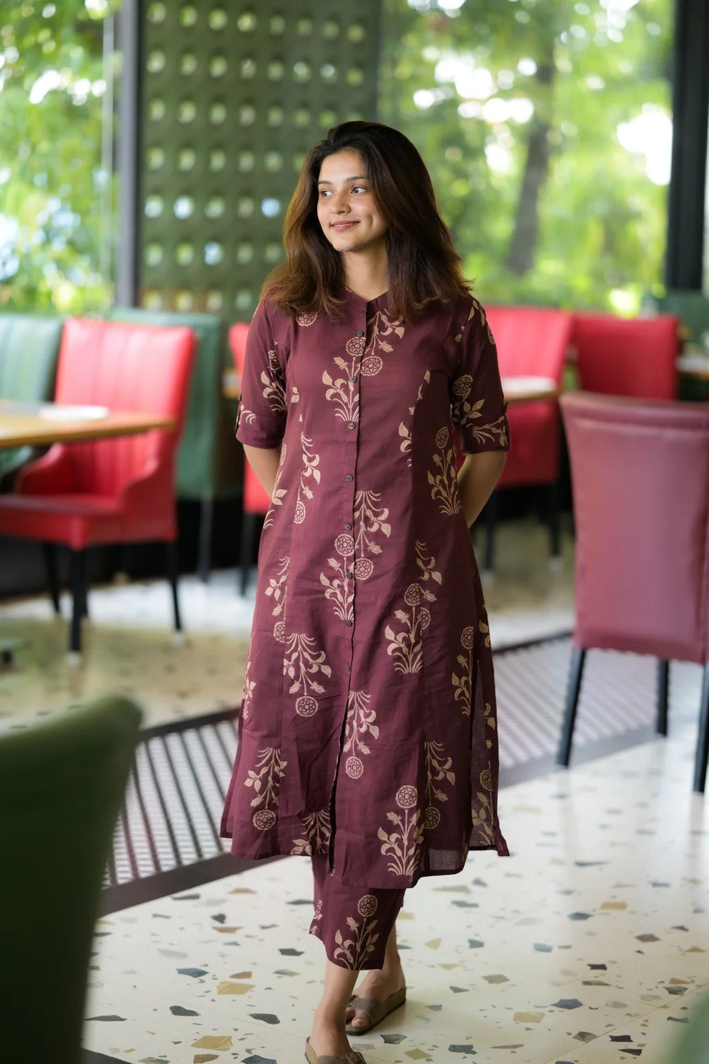 Burgundy Cotton Floral Kurta and Pant Set for Women