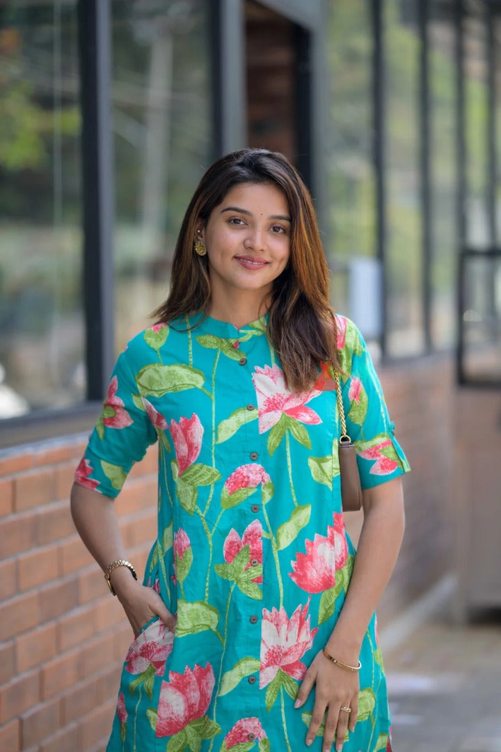 Green Floral Printed Magic Cotton Kurti Pant Set For Women