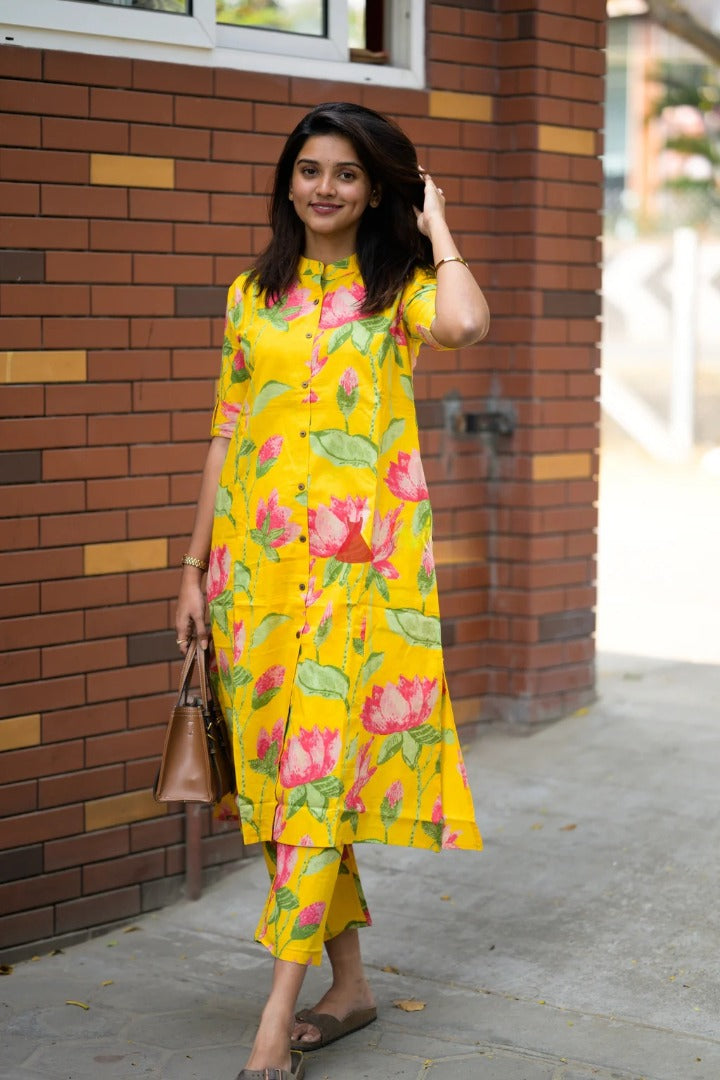Sunshine Yellow Floral Printed Kurta Set for Women
