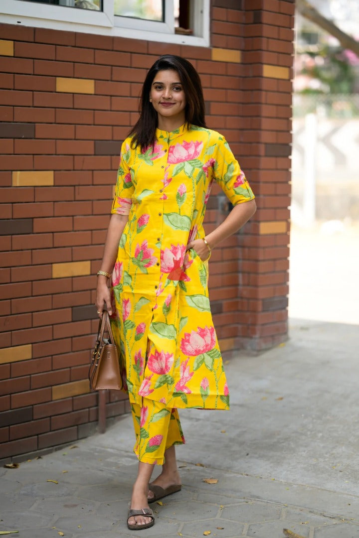 Sunshine Yellow Floral Printed Kurta Set for Women