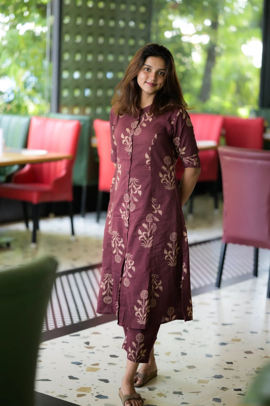 Burgundy Cotton Floral Kurta and Pant Set for Women
