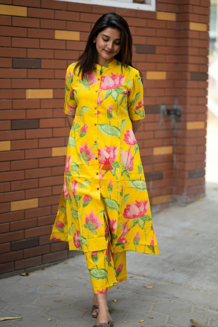 Sunshine Yellow Floral Printed Kurta Set for Women