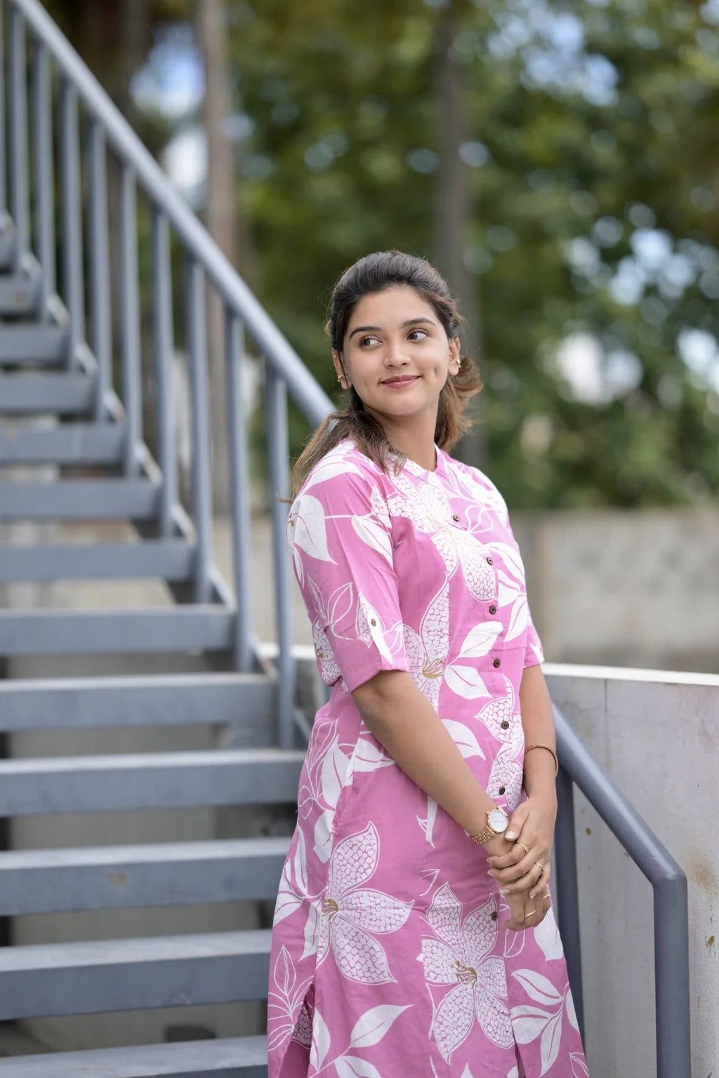 Minimal Floral Pink Cotton Kurta Pant Set for Women