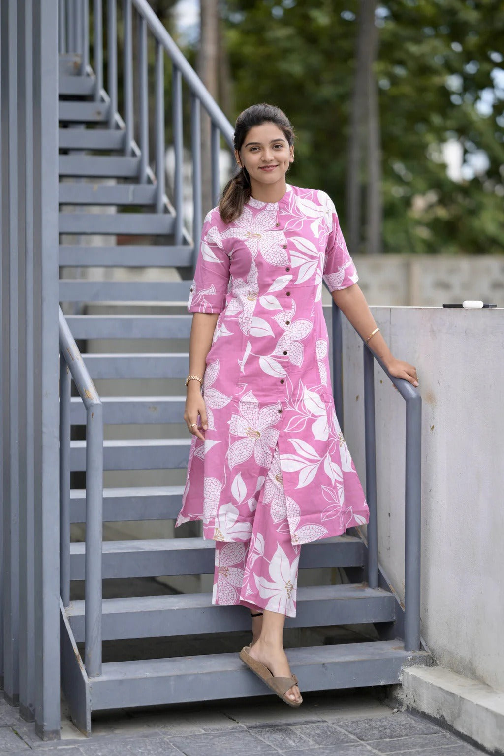 Minimal Floral Pink Cotton Kurta Pant Set for Women