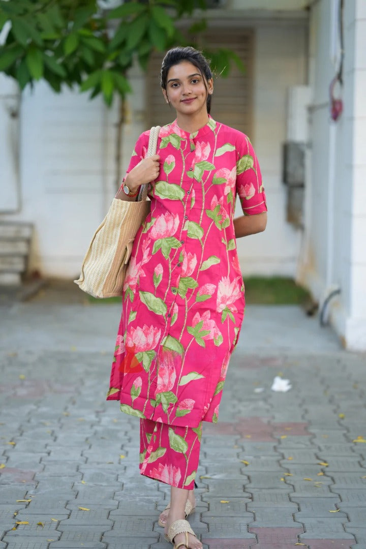 Pink Floral Printed Cotton Kurta Pant Set for Women