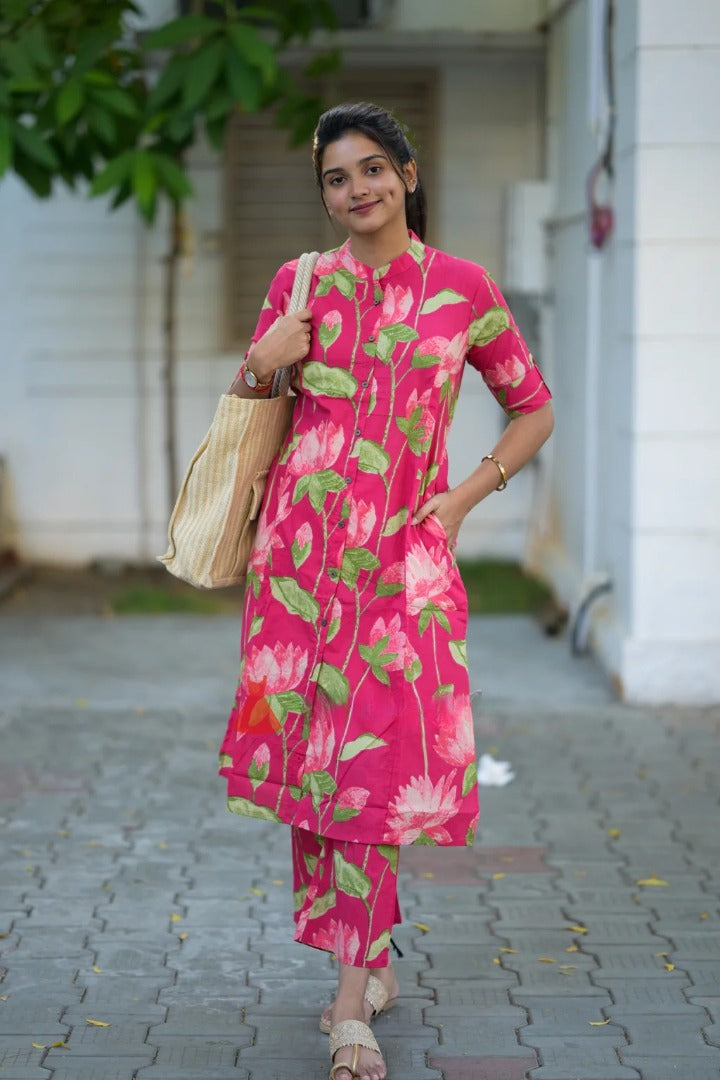 Pink Floral Printed Cotton Kurta Pant Set for Women