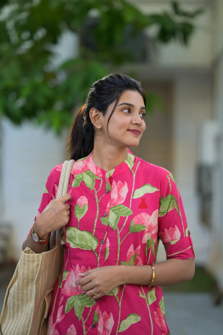 Pink Floral Printed Cotton Kurta Pant Set for Women