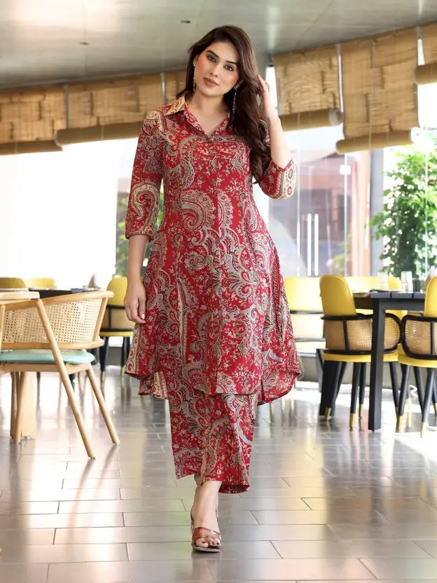 Red Printed Cotton Kurta Pant Set for Women