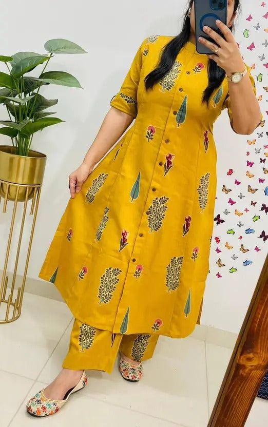Mustard Yellow Handblock Printed Button-Down Kurta Set for Women