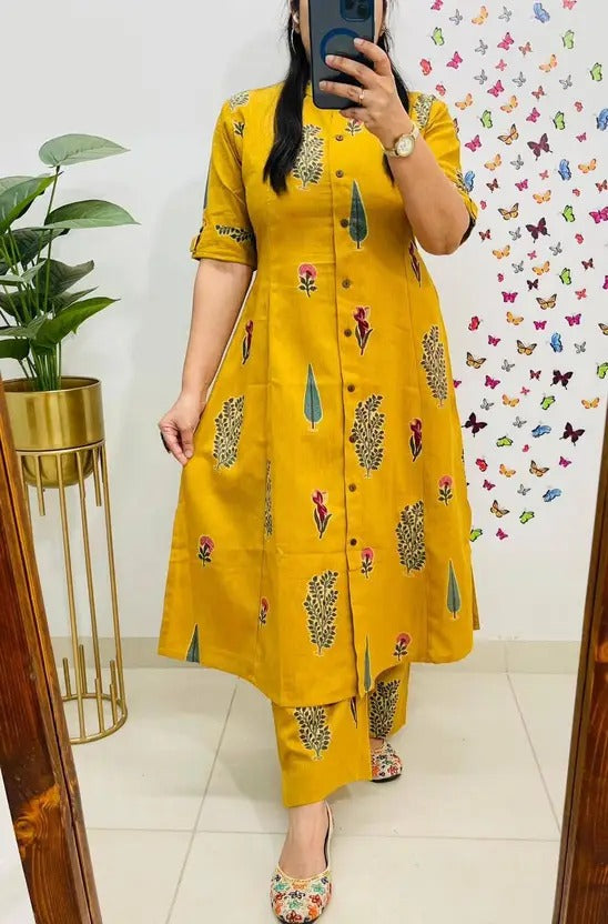 Mustard Yellow Handblock Printed Button-Down Kurta Set for Women