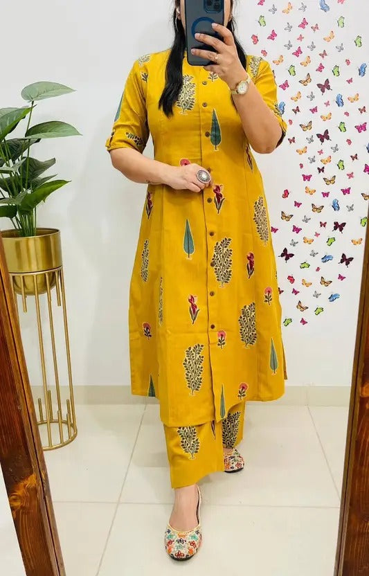 Mustard Yellow Handblock Printed Button-Down Kurta Set for Women