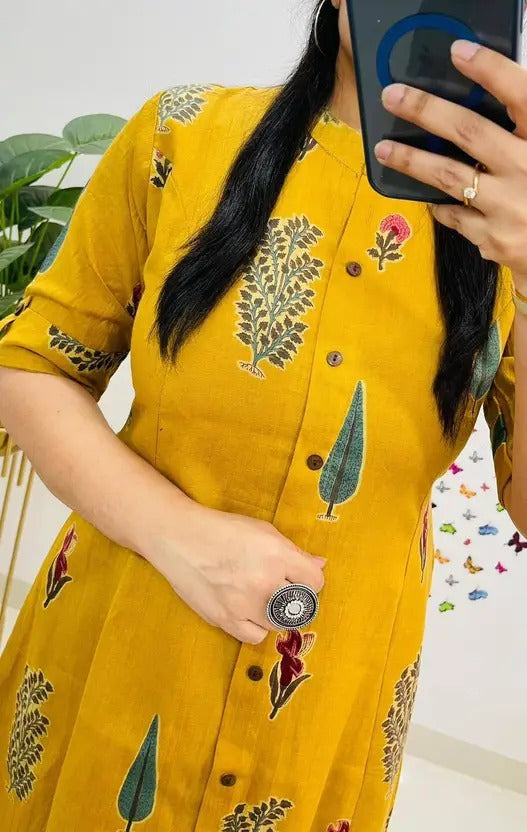 Mustard Yellow Handblock Printed Button-Down Kurta Set for Women