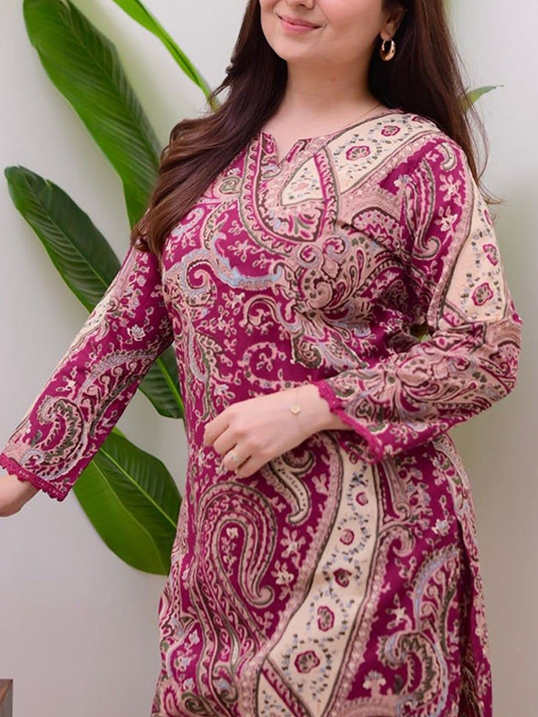 Burgundy Printed Cotton Kurta Pant Set For Women