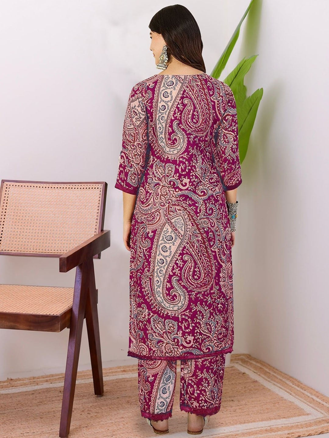 Burgundy Printed Cotton Kurta Pant Set For Women