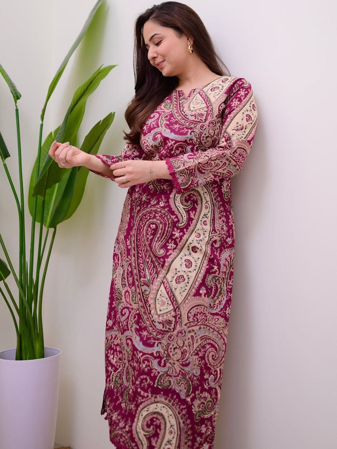 Burgundy Printed Cotton Kurta Pant Set For Women