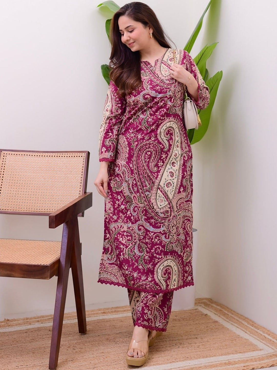 Burgundy Printed Cotton Kurta Pant Set For Women