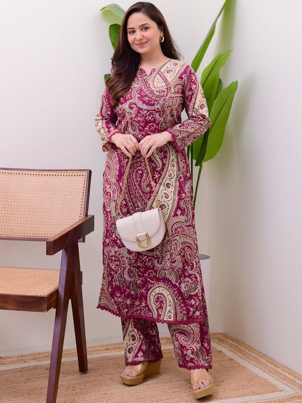Burgundy Printed Cotton Kurta Pant Set For Women