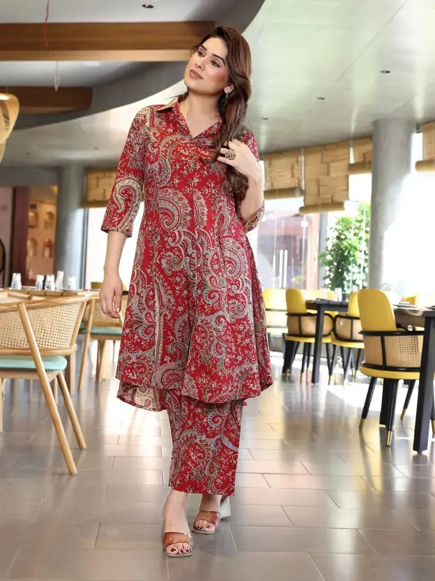 Red Printed Cotton Kurta Pant Set for Women