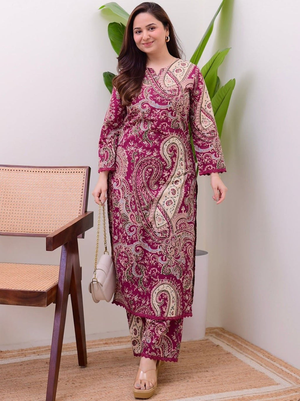 Burgundy Printed Cotton Kurta Pant Set For Women