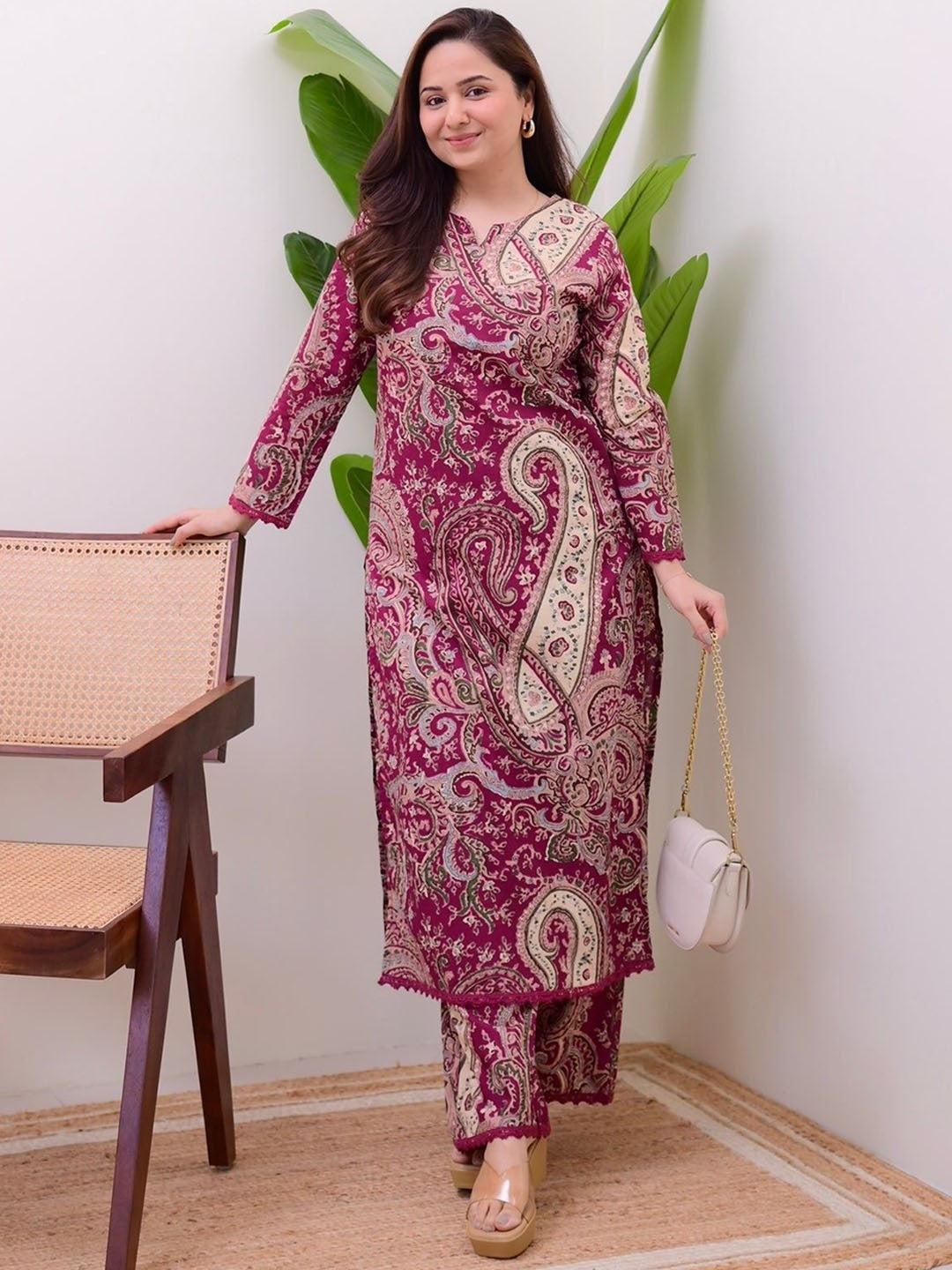 Burgundy Printed Cotton Kurta Pant Set For Women