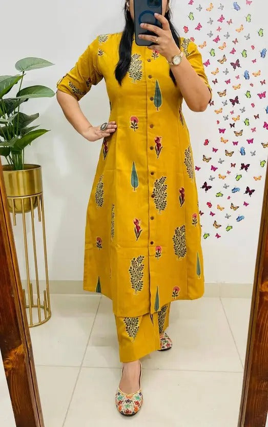Mustard Yellow Handblock Printed Button-Down Kurta Set for Women